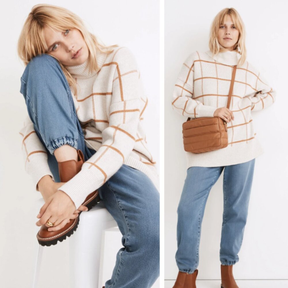 Madewell Cream Grid Turtleneck Sweater with Tan Windowpane